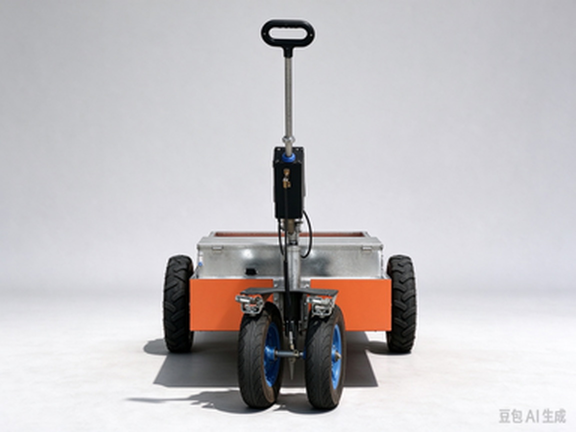 Front view: stainless tool box and orange cargo bed.